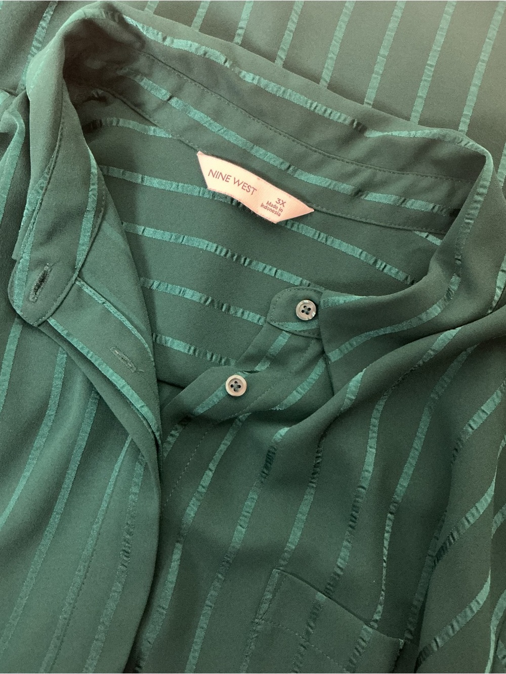 Nine West Plus Size 3X Emerald Striped Long Sleeve Button Up Blouse - Picture 3 of 4